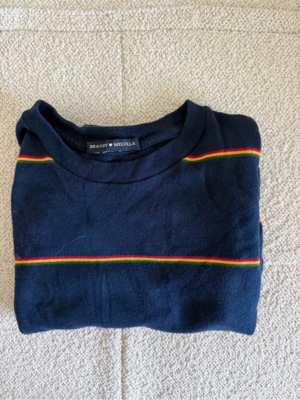 Brandy Melville Navy Crewneck Sweater with Red, Yellow, Green Stripes